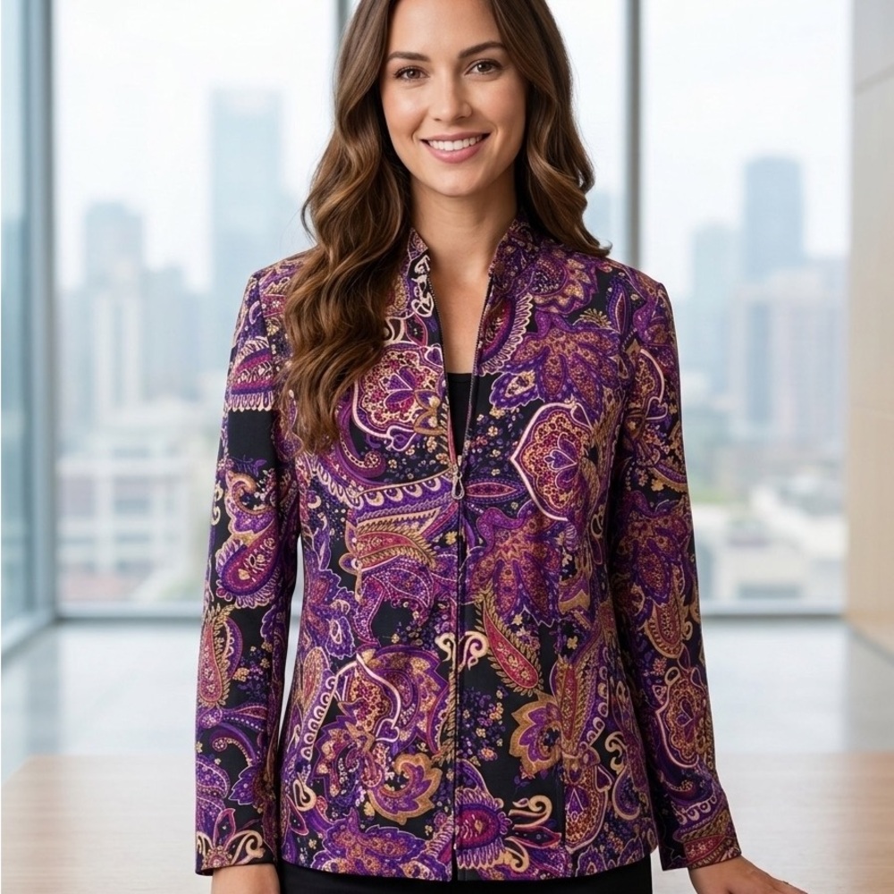 💜 Purple Paisley Zip-Front Jacket Petite Small — disc shipping